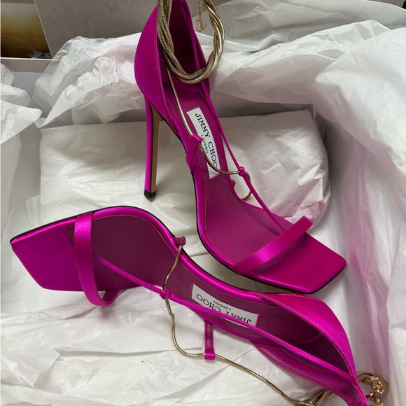 JIMMY CHOO ORIANA CHAIN EMBELLISHED SATIN SANDALS - Picture 3 of 5